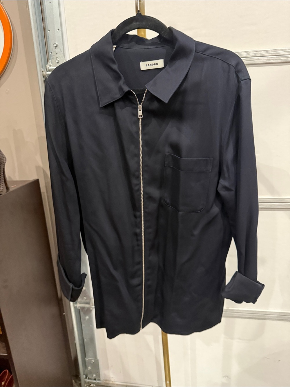 Sandro Dark Navy Zip-Up Shirt Jacket